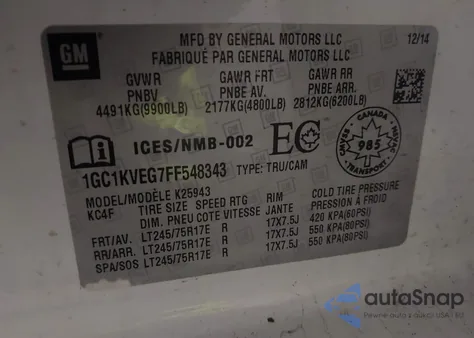 2015 Chevrolet Silverado 2500Hd Lt z USA, uszkodzony, nr VIN 1GC1KVEG7FF548343